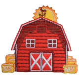 Red farm barn embroidered patch with hay bales, a sun, and a weather vane.