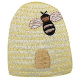 A yellow embroidered patch with a bee hive and a bumblebee design, intended for iron on application.