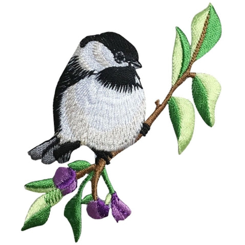 Chickadee Bird Applique Patch - Branch, Flowers 3.25" (Iron on) - Patch Parlor