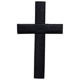 A large black cross applique patch with an iron on backing, typically used for embroidery on clothing or fabric.