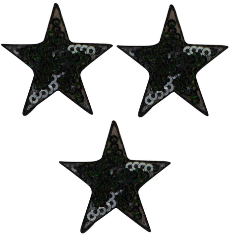 Sequin Star Applique Patch - Black Badge 1.5" (3-Pack, Iron on)