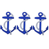Three blue and white anchor applique patches on a white background