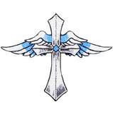 A blue and white cross patch with wings and a diamond shape in the center