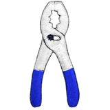 An embroidered patch depicting a pair of blue-handled pliers