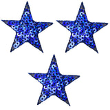 Three royal blue star-shaped sequin applique patches with iron-on backing
