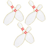 Three bowling pins applique patches with red stripes and gold accents on a white background, designed to be ironed onto fabric.