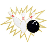 A bowling patch featuring a bowling ball and pins with a black, white, and gold color scheme, designed for iron on application.