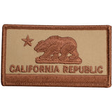A rectangular embroidered patch in desert/coyote brown tones, depicting a monochromatic version of the California Bear Flag. It features a walking bear, a star in the upper left, and the words "CALIFORNIA REPUBLIC" across the bottom.