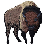 Embroidered buffalo applique patch with a brown, black, and beige design on a white background.
