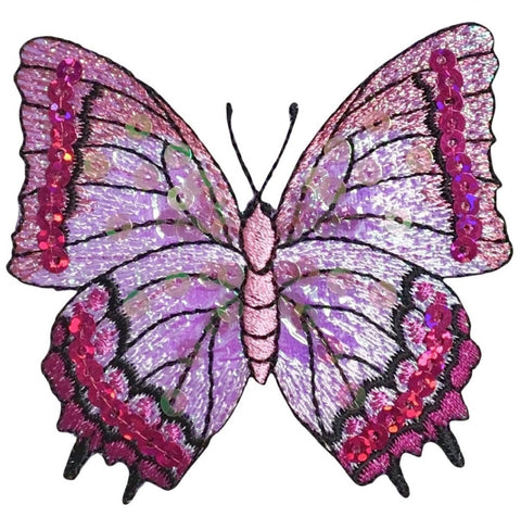 Butterfly Applique Patch - Sequin, Pink/Fuchsia Insect Badge 3-1/8" (Iron on) - Patch Parlor