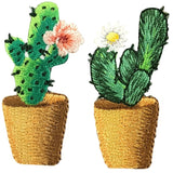 Two embroidered applique patches of cacti with flowers in pots, designed to be ironed onto fabric.