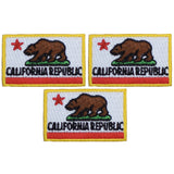 Three small California flag embroidered patches with the California Republic bear and star emblem against a white background.