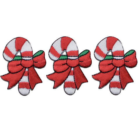 Candy Cane Applique Patch - Christmas Treat, Red Bow 1.75" (3-Pack, Iron on) - Patch Parlor