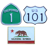 California Pin Set - CA Highway One, California Flag, US Hwy 101 (3-Pack, Metal) - Patch Parlor