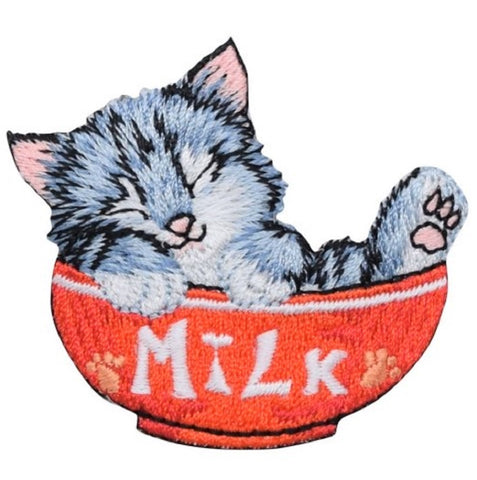 Kitty Cat Applique Patch -  Gray Kitten, Bowl of Milk 2-1/8" (Iron on) - Patch Parlor