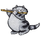 Embroidered patch of a cat playing a flute.