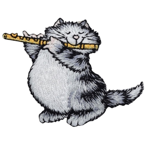 Cat Applique Patch - Flute, Musical Kitty Badge 3" (Iron on) - Patch Parlor