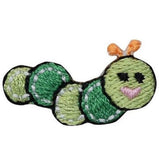 A small embroidered patch depicting a green caterpillar with a pink mouth and black details on its body.