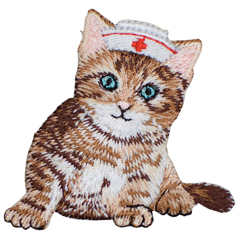 Kitty Cat Nurse Applique Patch - Healthcare Worker Kitten Badge 2-1/8" (Iron on) - Patch Parlor