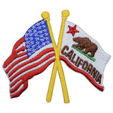 A patch featuring crossed American and California flags with an iron-on backing.