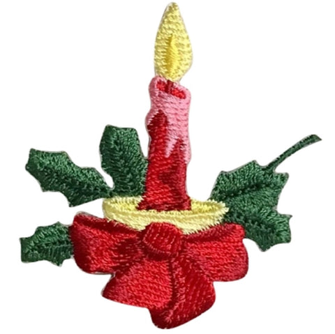 Christmas Candle Applique Patch - Holly, Red Bow, Holiday Badge  2.25" (Iron on)