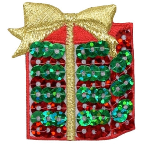 Christmas Applique Patch - Gift, Present, Gold Bow, Holidays 1.75" (Iron on) - Patch Parlor