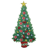A Christmas tree applique patch with embroidered ornaments and a star on top, designed to be ironed onto fabric.