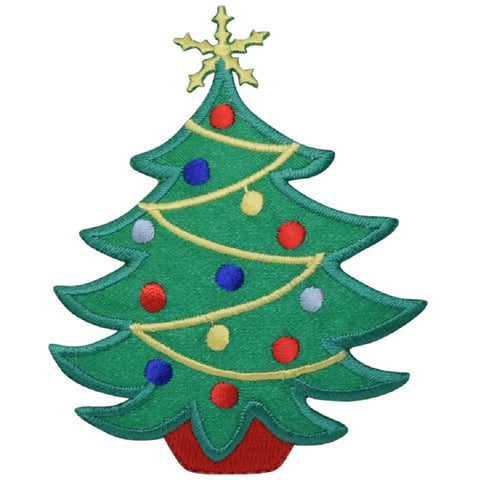 Christmas Tree Applique Patch - Gold Star, Ornaments, Lights 3.5" (Iron on) - Patch Parlor