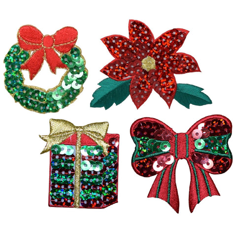 Christmas Applique Patch Set - Sequin Holiday Badges (4-Pack, Iron on)