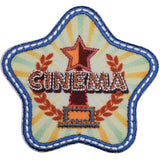 A star shaped embroidered patch featuring a star and the word 'CINEMA' and an award.