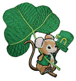 an embroidered patch featuring a mouse, a shamrock and a green hat representing Saint Patrick's Day