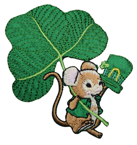 St. Patrick's Day Mouse Applique Patch - Shamrock, Clover Badge 2-7/8" (Iron on) - Patch Parlor