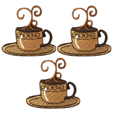 Three embroidered coffee cup applique patches on a white background.