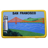 A rectangular embroidered patch featuring the Golden Gate Bridge, Coit Tower, and SF Bay with the text 'SAN FRANCISCO' on top. 