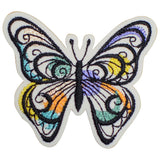 A colorful embroidered butterfly applique patch with antennae and wings, designed for ironing on to fabric.