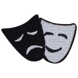 A patch featuring embroidered drama masks, representing comedy and tragedy, designed to be ironed onto fabric.