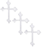 Three white embroidered cross applique patches, designed for iron-on application.