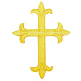 A yellow embroidered cross applique patch designed to be ironed onto fabric.