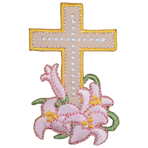 Cross Applique Patch - Pink Lily Flowers, Christ, Jesus Badge 2-3/8" (Iron on) - Patch Parlor