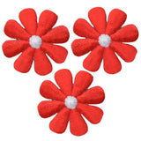 Three red embroidered daisy applique patches with white centers, designed for iron-on application.