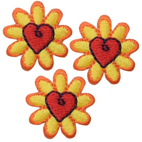 Mini Daisy Applique Patch - Yellow Red Flower Bloom Heart 1" (3-Pack, Iron on)