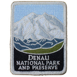 A rectangular embroidered patch featuring mountain ranges with the text 'Denali National Park and Preserve' on it.