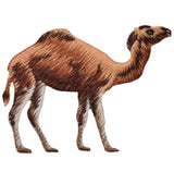 Embroidered camel applique patch with a brown and beige design on a white background.