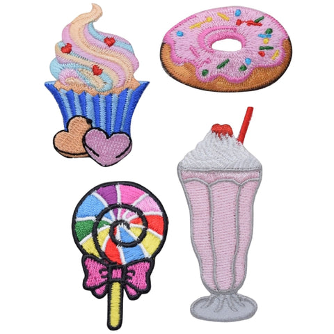 Dessert Applique Patch Set - Cupcake Milkshake Lollipop Donut Sprinkles Frosting Sweets Food Badge (4-Pack, Iron on) - Patch Parlor