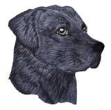 Embroidered patch of a black labrador retriever dog head in a realistic style on a white background.
