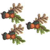 Three embroidered patches featuring acorns and oak leaves in green and brown colors, designed to be ironed onto fabric.