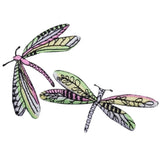 Two colorful embroidered dragonfly patches designed to be ironed onto fabric, displayed on a white background.