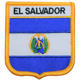 An embroidered patch with the flag of El Salvador design, featuring text and a coat of arms, intended for iron on application.