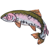 Embroidered patch in the shape of a rainbow trout, designed for iron-on application.