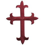 A burgundy colored cross applique patch with a pointed tip designed to be ironed onto fabric.